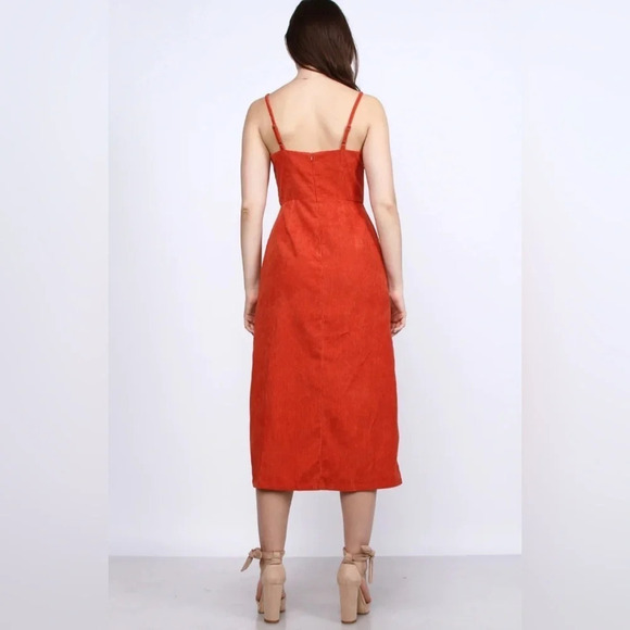 corduroy orange sleeveless button midi dress with slit - Picture 4 of 4